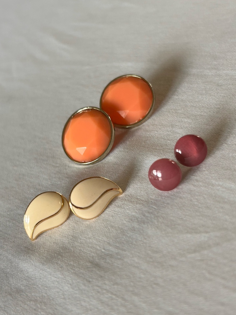 3 Pair Stud Earring Bundle Coral Berry Cream Gold Tone